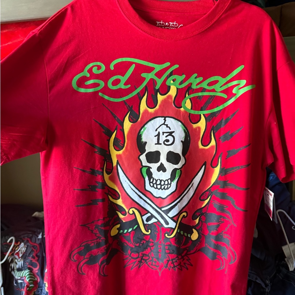 Ed Hardy Red Tee with Skull and Flames